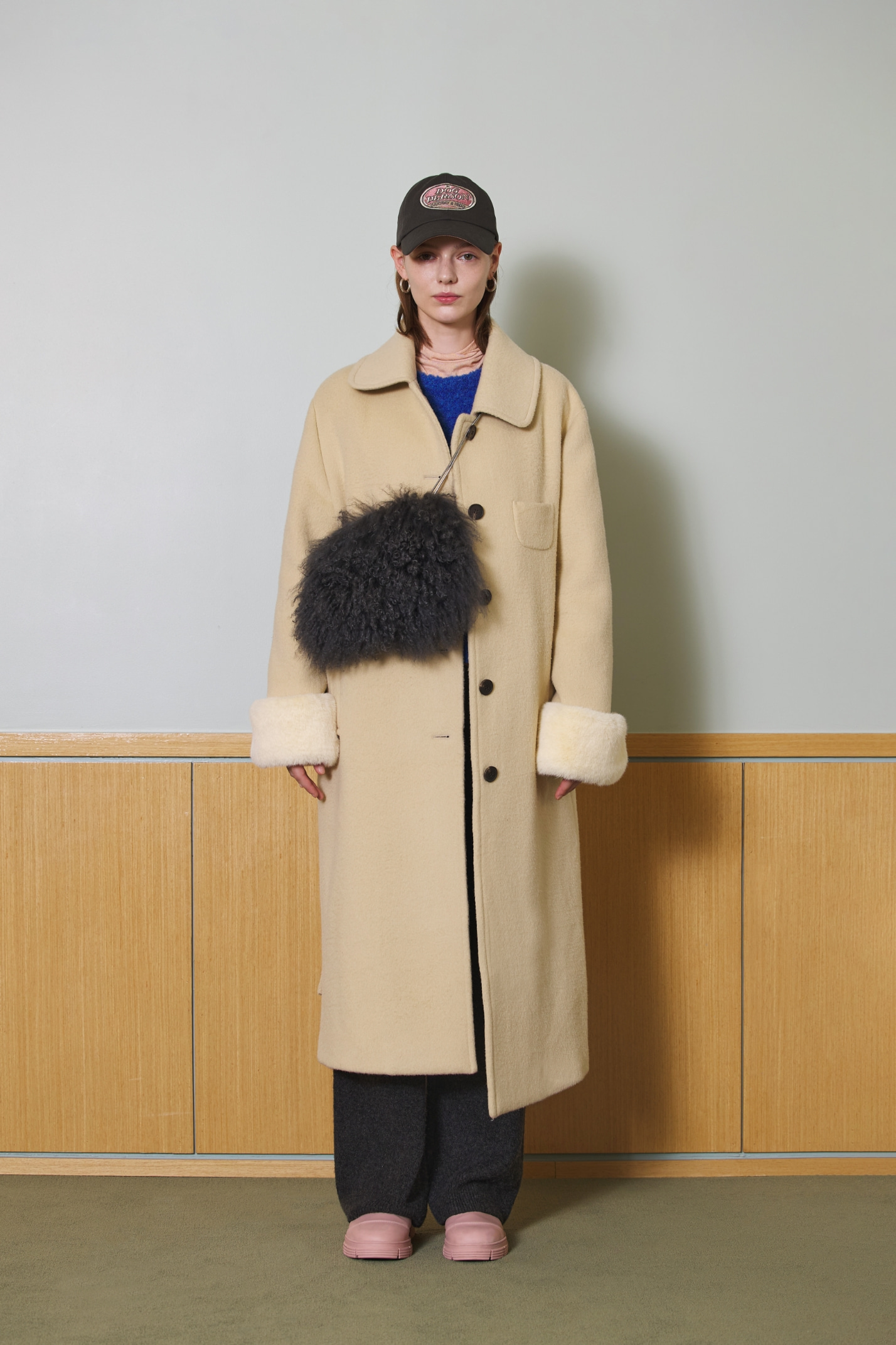 fur point wool coat - l/yellow