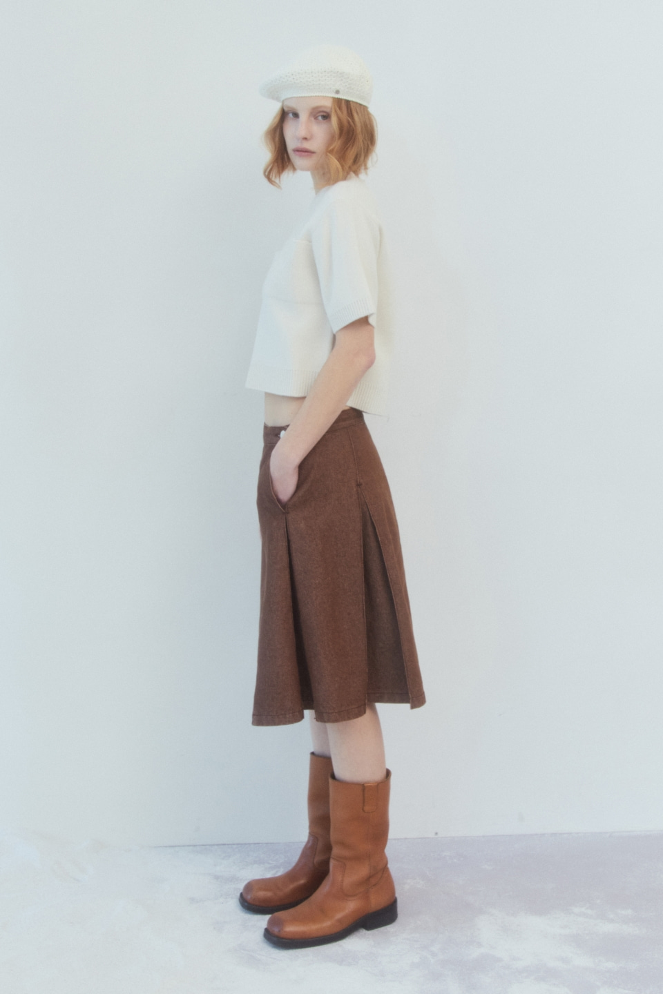 pintuck denim skirt - brown
